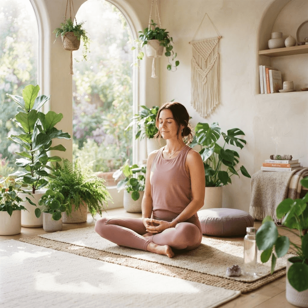 A person practicing mindful meditation in a calm, light-filled space